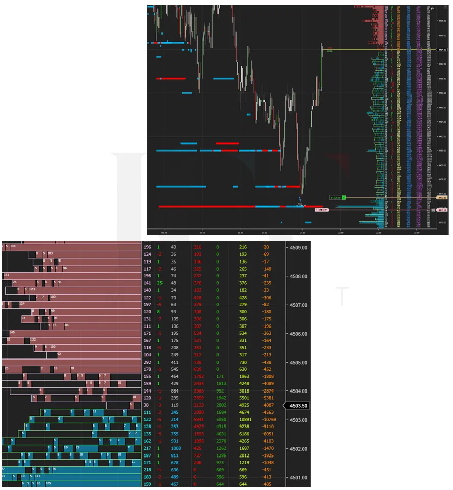 A market by order view showing individual orders queued at each price beside the chart they belong to