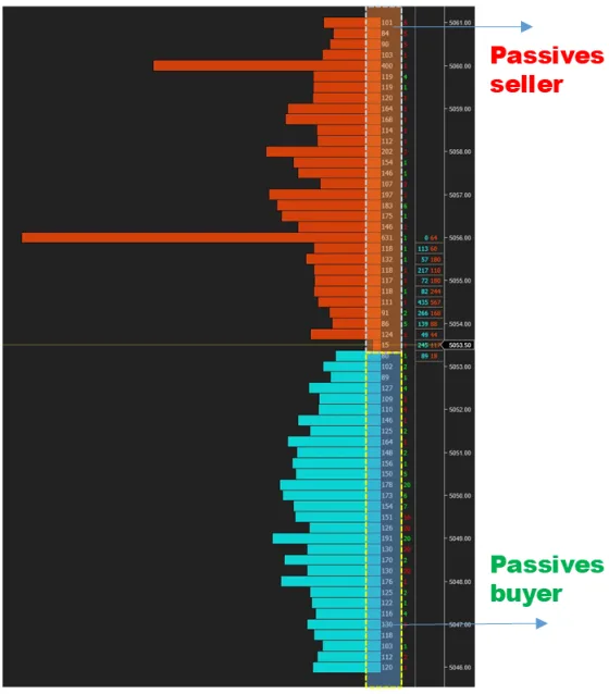 A depth ladder with resting sell orders stacked above the price and resting buy orders below it, both labelled passive